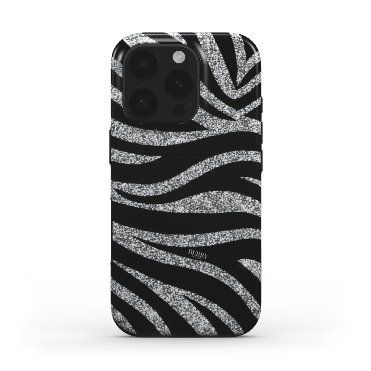 Trendy phone case with a silver and black zebra pattern featuring a glittery, feminine design that combines elegance with a popular, stylish look.