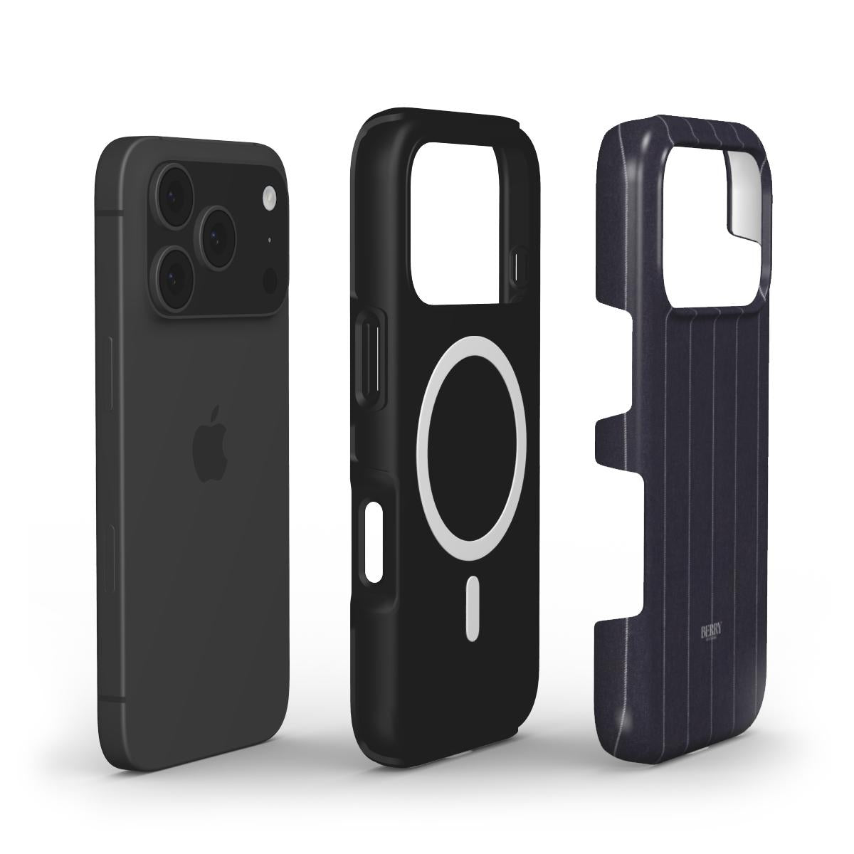Trendy black and blå striped protective phone case with modern design elements, combining style and functionality for a feminine, popular look.
