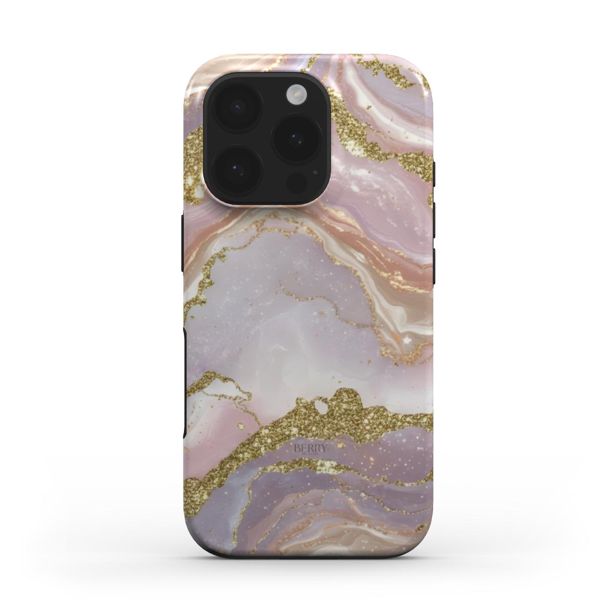Trendy girly phone case with pink, gold, and rosaguld marble design, featuring a feminine and beautiful aesthetic inspired by a stylish sunlit glow.