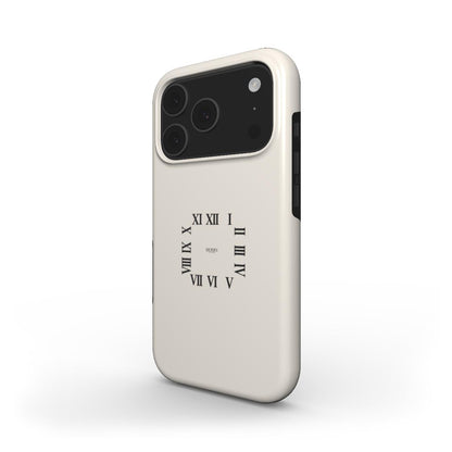 Trendy beige and white phone case featuring a minimalistic Roman numeral clock design, combining feminine elegance with a popular aesthetic.