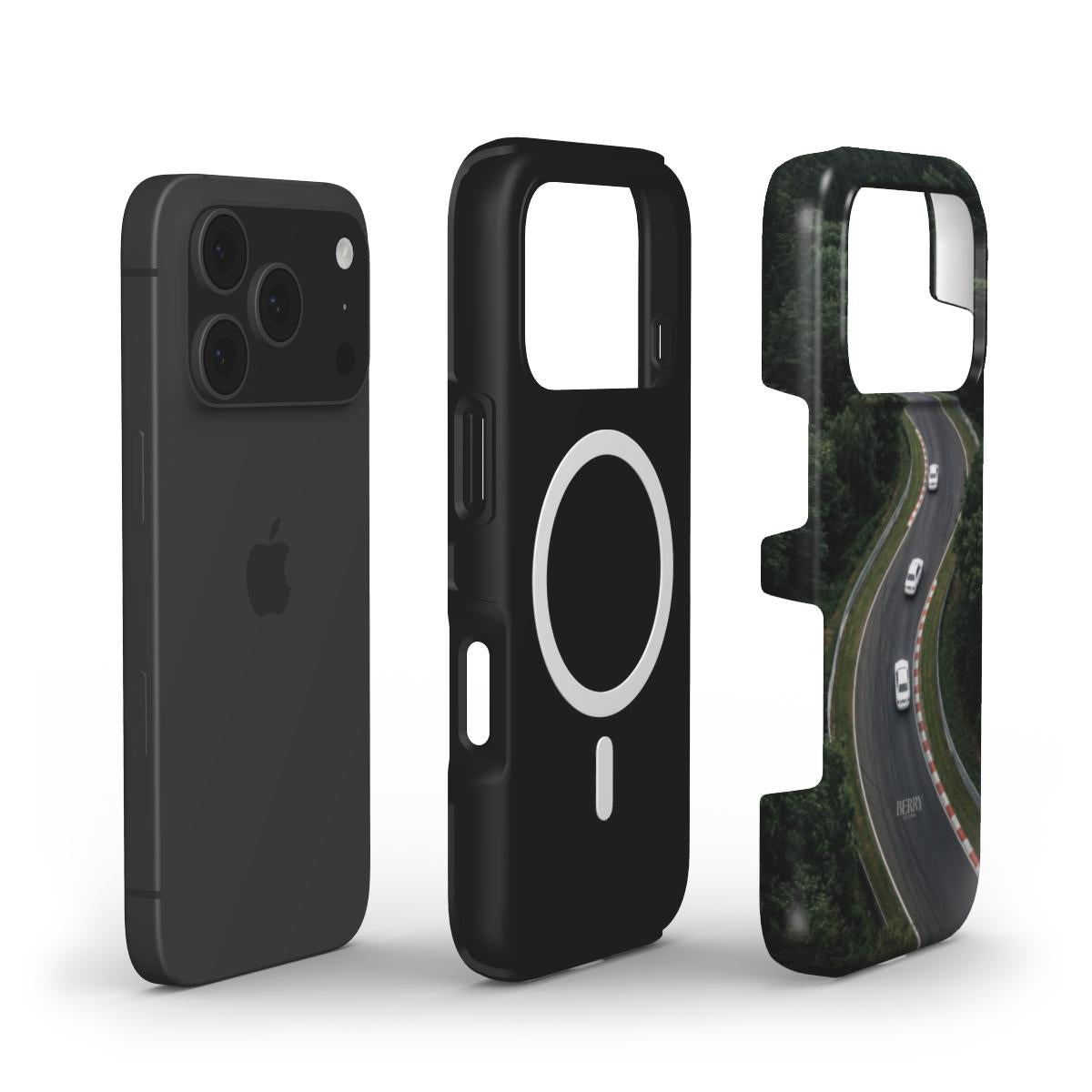 Trendy phone case set featuring a sleek black design with a feminine green and black pattern inspired by a winding road, perfect for a stylish look.