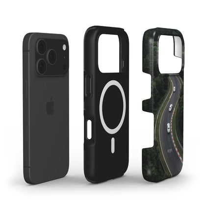 Trendy phone case set featuring a sleek black design with a feminine green and black pattern inspired by a winding road, perfect for a stylish look.