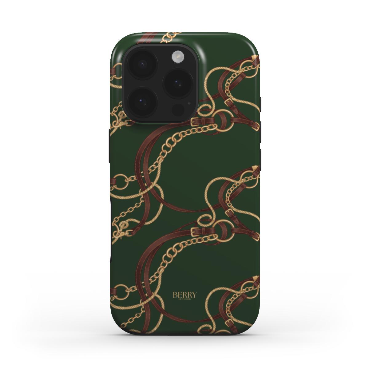 Trendy phone case with a multicolored equestrian-inspired design featuring gold chains, brown leather straps, and green and beige accents.