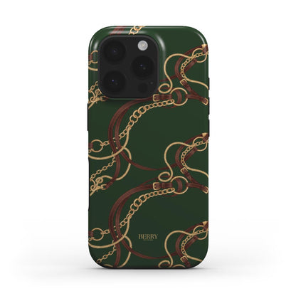 Trendy phone case with a multicolored equestrian-inspired design featuring gold chains, brown leather straps, and green and beige accents.