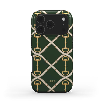 Trendy green phone case with elegant gold and beige buckle patterns, featuring a beautiful feminine design with brown and flokfarvet accents for a stylish look.