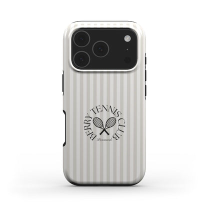 Trendy feminine phone case with beige and white vertical stripes and stylish crossed tennis rackets logo design, perfect for a beautiful girly look.