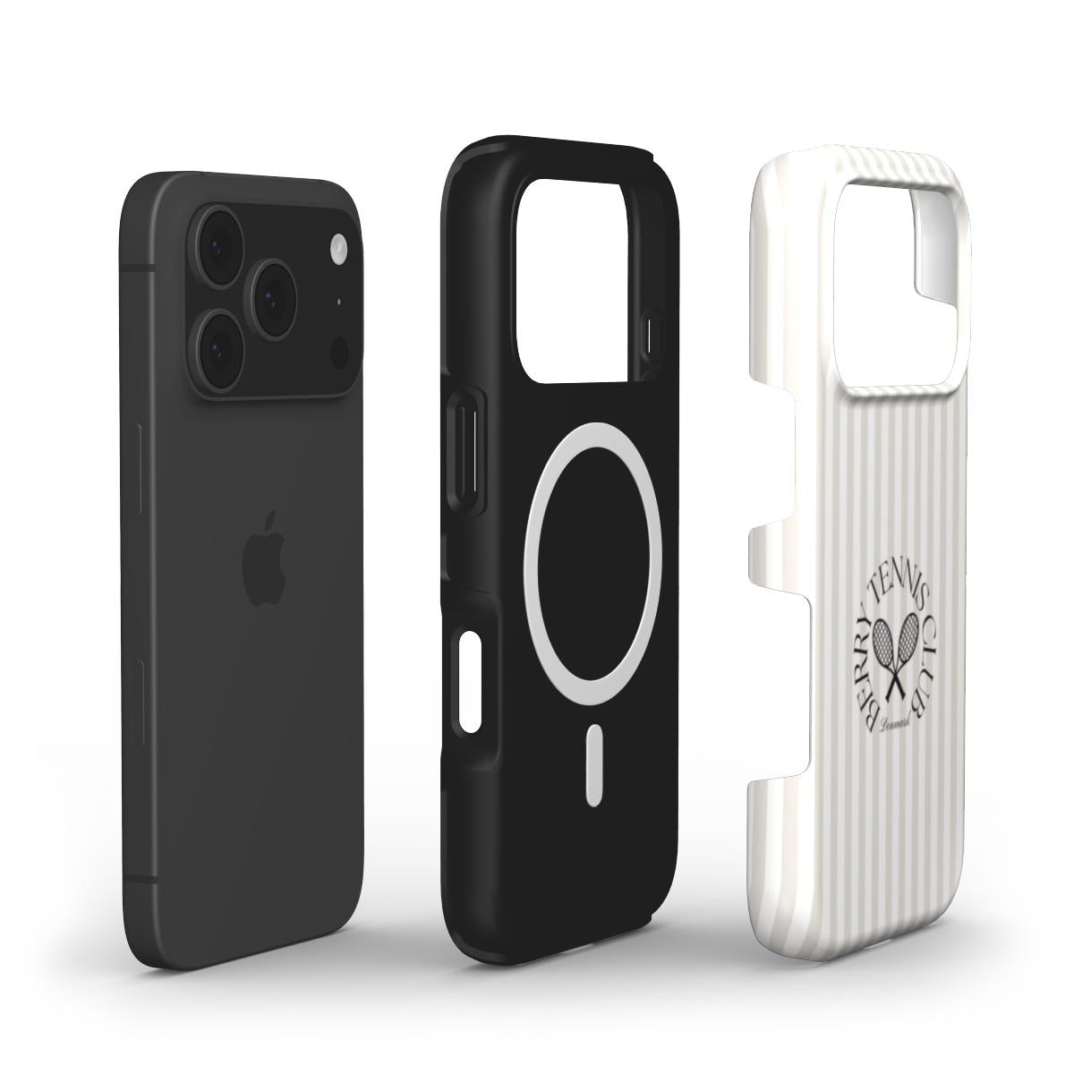 Trendy feminine phone case in white and beige with a stylish textured pattern and a minimalistic tennis club logo, designed for a popular girly aesthetic.