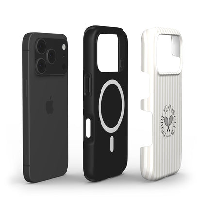 Trendy feminine phone case in white and beige with a stylish textured pattern and a minimalistic tennis club logo, designed for a popular girly aesthetic.