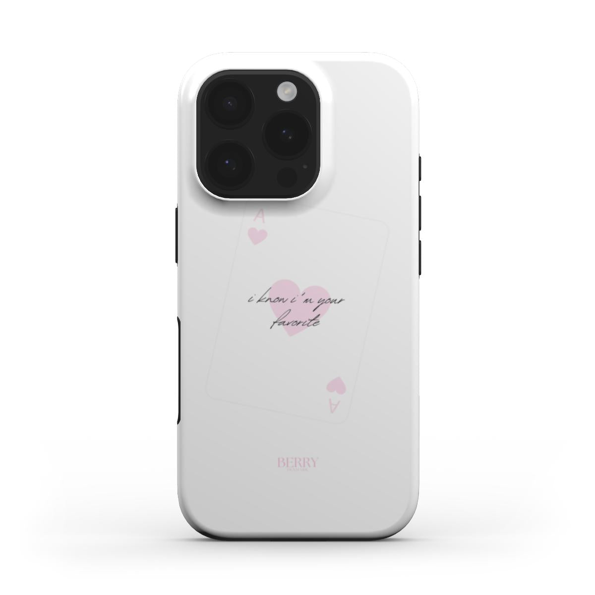 White phone case with pink and multicolor accents featuring a feminine playing card design and trendy "favorite" text for a stylish girly look.