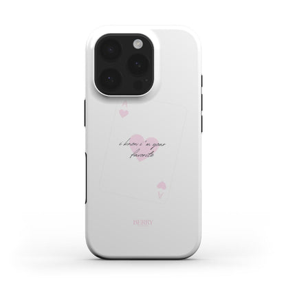 White phone case with pink and multicolor accents featuring a feminine playing card design and trendy "favorite" text for a stylish girly look.