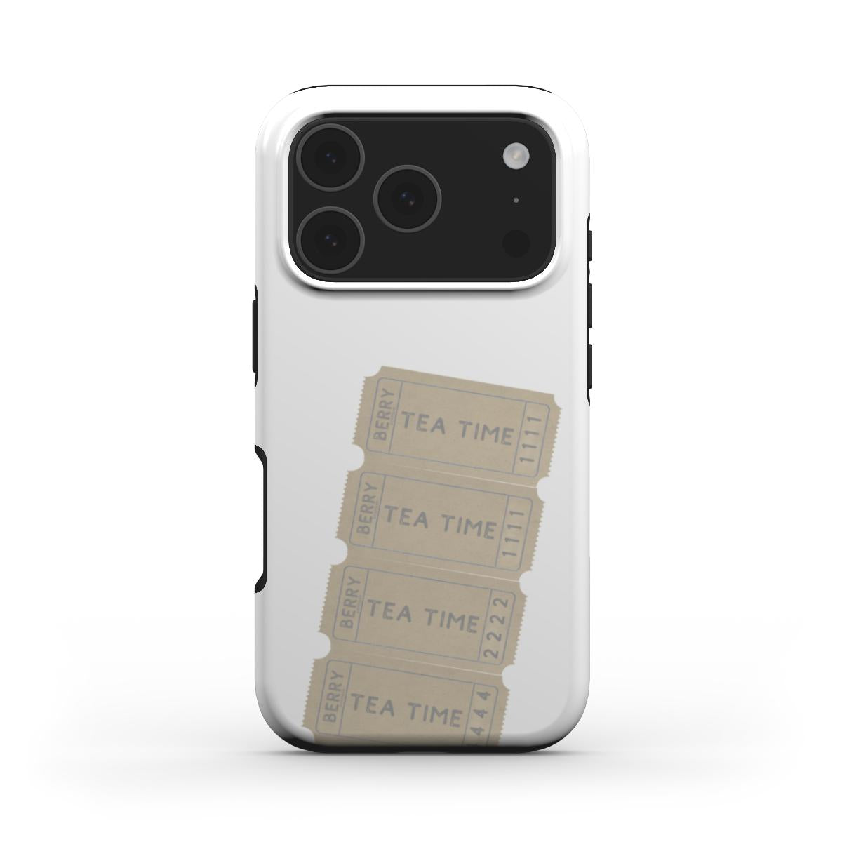 Trendy phone case in white, beige, and multicolor featuring feminine vintage-style "Tea Time" ticket design for a beautiful and popular aesthetic.