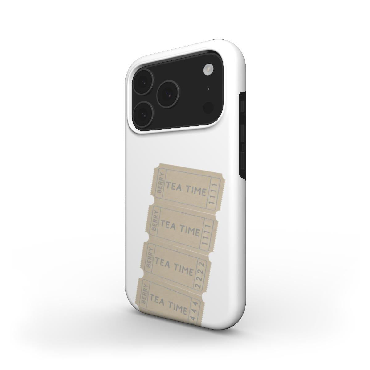 White and beige phone case with a trendy design featuring pastel tickets reading "Tea Time," combining girly charm with a fashionable, feminine aesthetic.