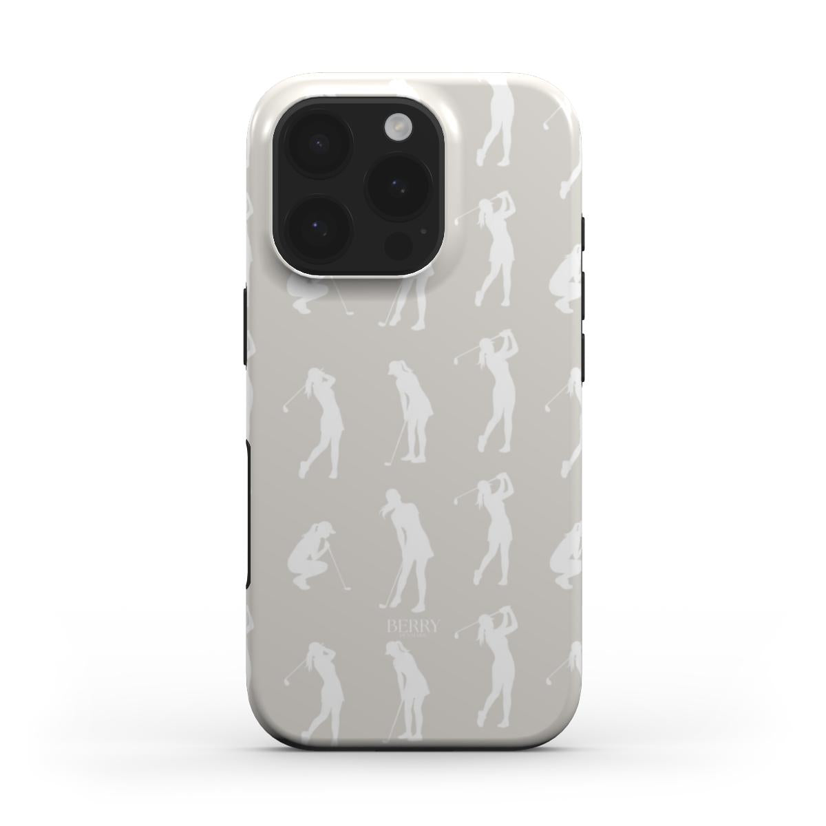 Trendy beige and white phone case featuring elegant feminine golf swing silhouettes in a stylish and popular design with a soft, aesthetic appeal.