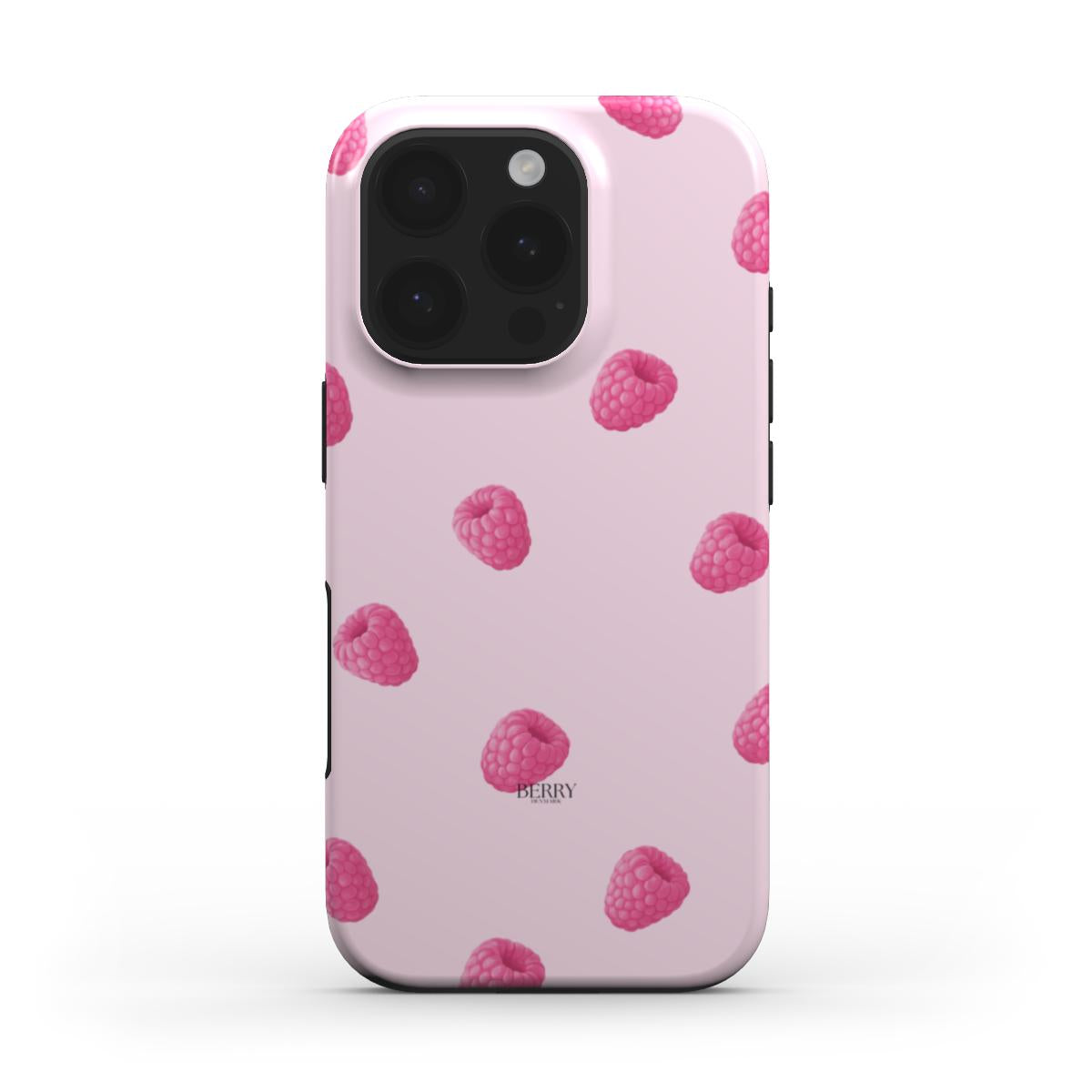 Trendy pink phone case with a feminine raspberry pattern, combining girly charm and popular style for a beautiful, aesthetic look.