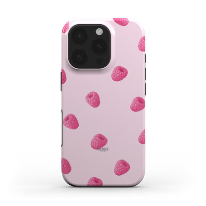 Trendy pink phone case with a feminine raspberry pattern, combining girly charm and popular style for a beautiful, aesthetic look.