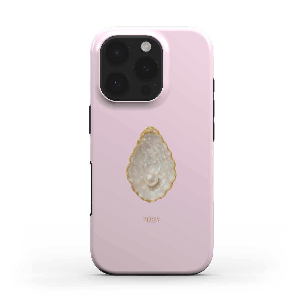 Trendy pink phone case featuring a feminine pearl design with gold accents, combining elegance and girly charm for a beautiful, popular aesthetic.