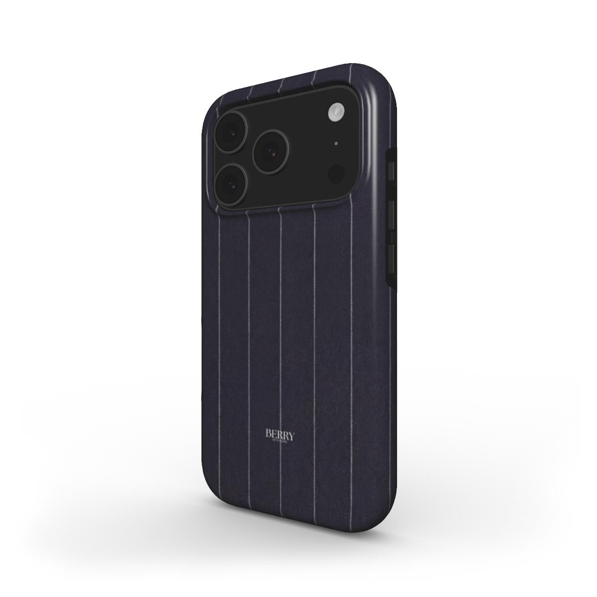 Trendy phone case with elegant blå and sort pinstripe pattern, combining sleek style with subtle sophistication for a popular, feminine look.