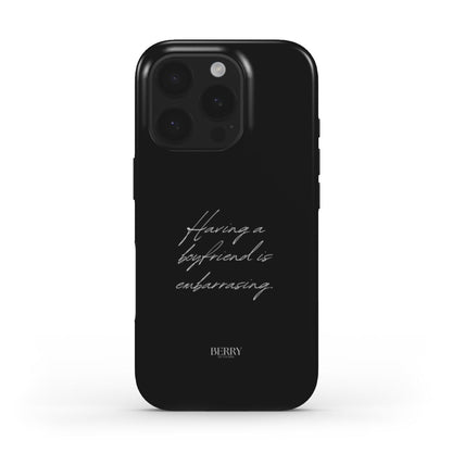 Black trendy phone case with stylish cursive text for a feminine and aesthetic look, featuring a minimalist and popular design on a smooth surface.