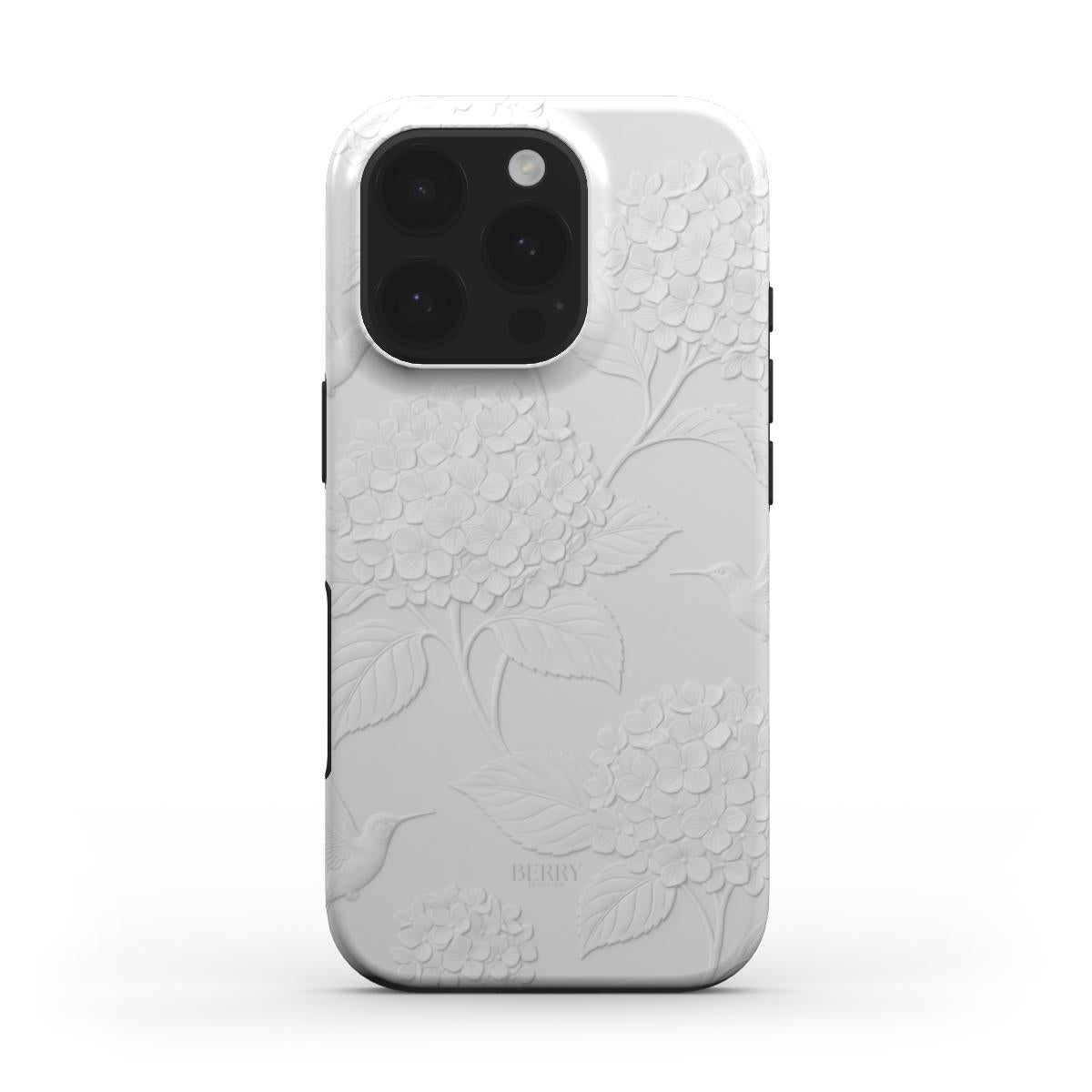 Trendy feminine white phone case featuring embossed floral pattern with subtle elegant details for a beautiful, girly aesthetic.