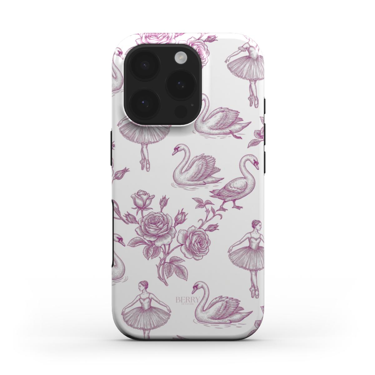 Phone case with a delicate flerfarvet pink and white pattern featuring elegant swans, ballerinas, and roses for a girly and trendy aesthetic.