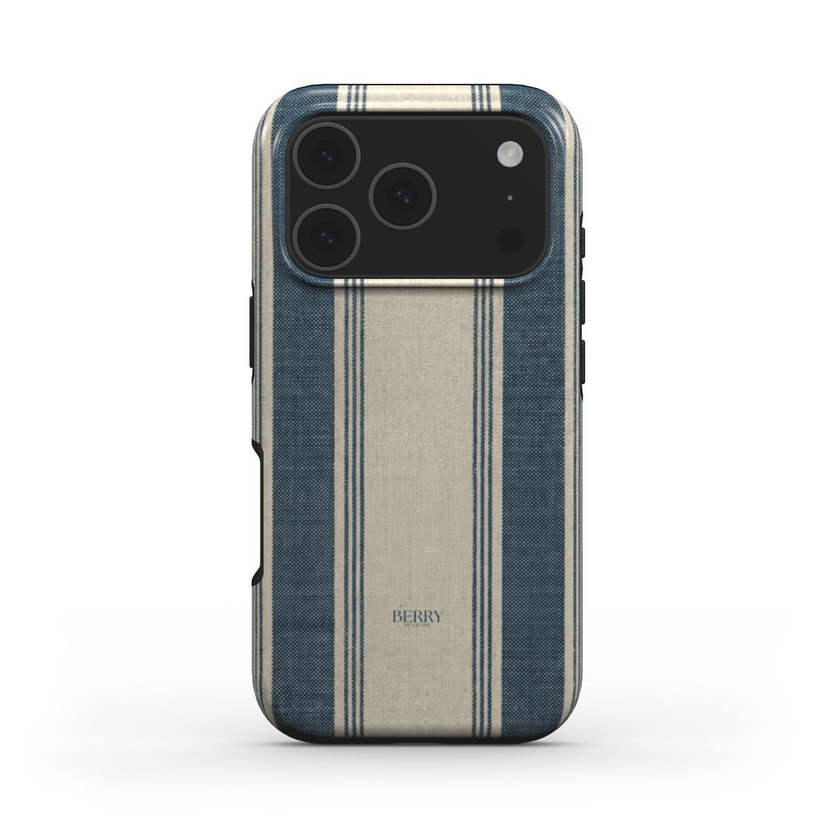 Trendy feminine phone case in beige and blå striped pattern with a classy fit design, combining aesthetic and popular style for a beautiful look.