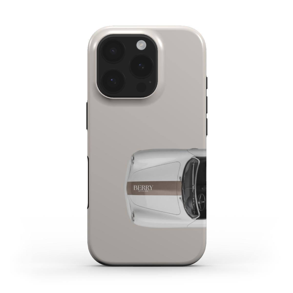 Trendy beige phone case featuring a minimalist top view of a classic car in brown and beige tones, combining feminine and aesthetic style.