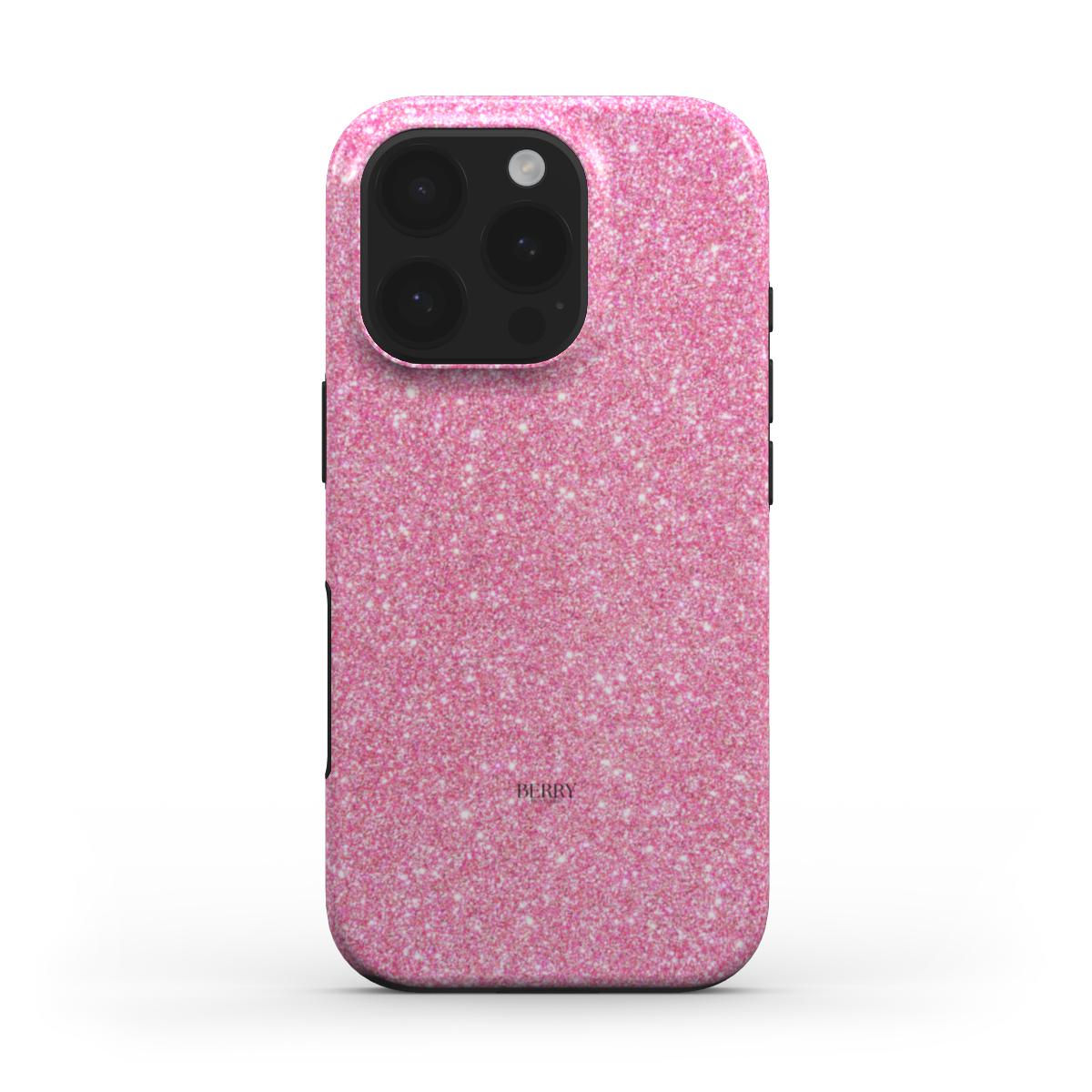 Trendy feminine phone case in sparkling pink with a girly, aesthetic design perfect for a beautiful, popular look.
