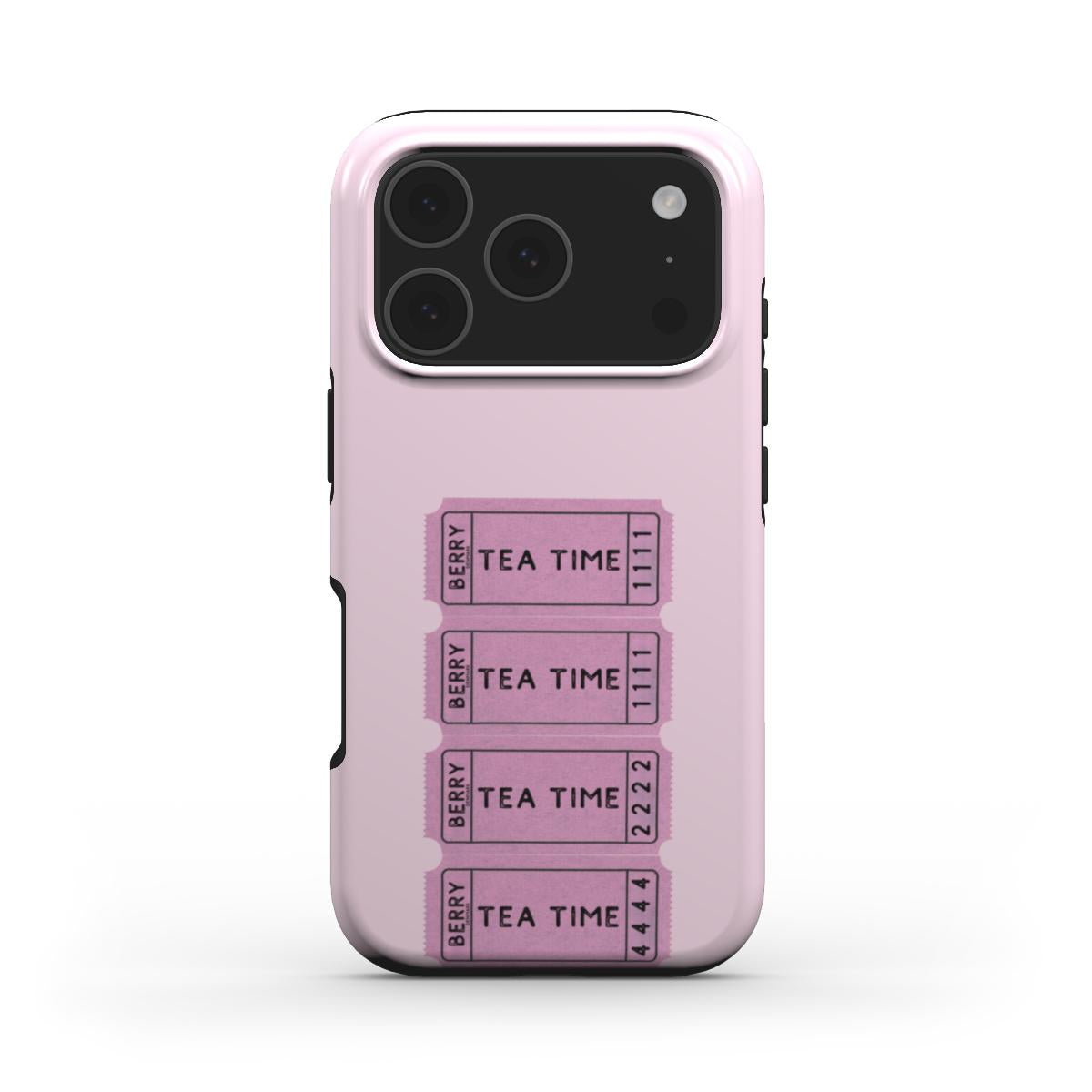 Trendy phone case in pink with beige, white, and multicolored accents, featuring stylish tea ticket design for a feminine, aesthetic, and popular look.