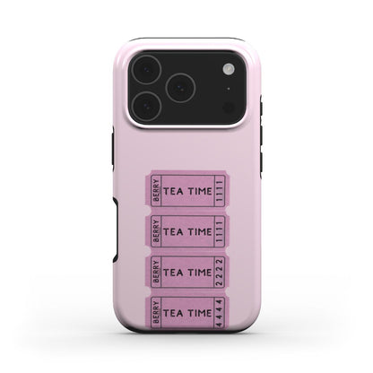 Trendy phone case in pink with beige, white, and multicolored accents, featuring stylish tea ticket design for a feminine, aesthetic, and popular look.