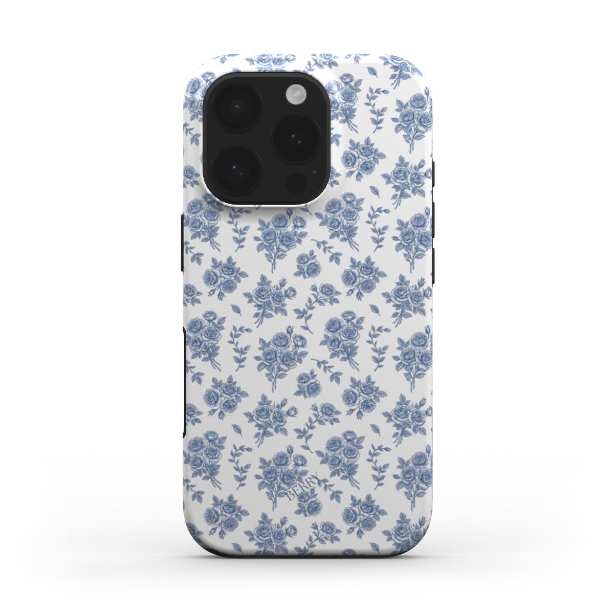 Trendy feminine phone case with a beautiful multicolored white and blue floral pattern, perfect for that girly and aesthetic vibe.
