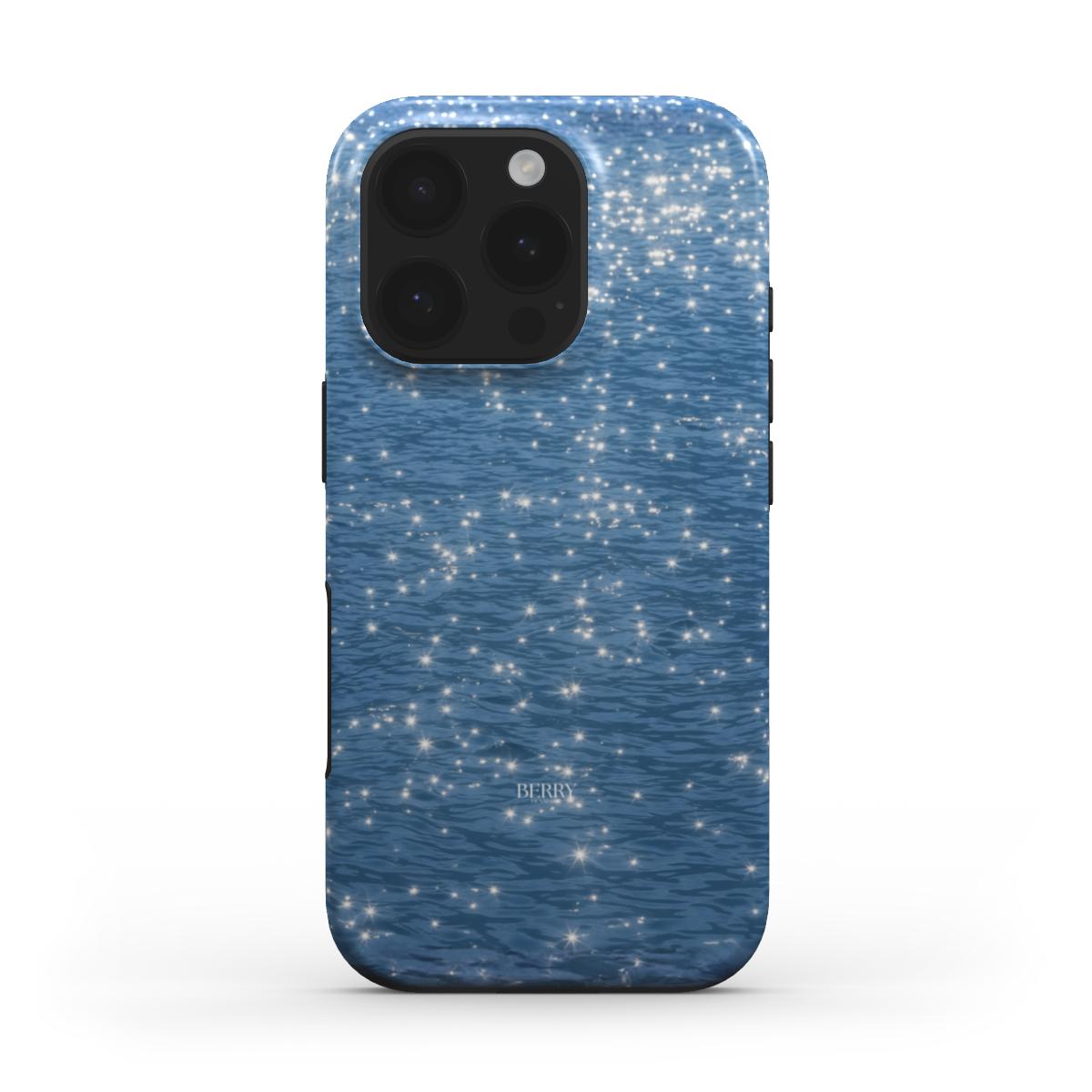 Trendy phone case with a blue, multicolored sparkling water pattern, capturing a feminine and beautiful summer aesthetic.