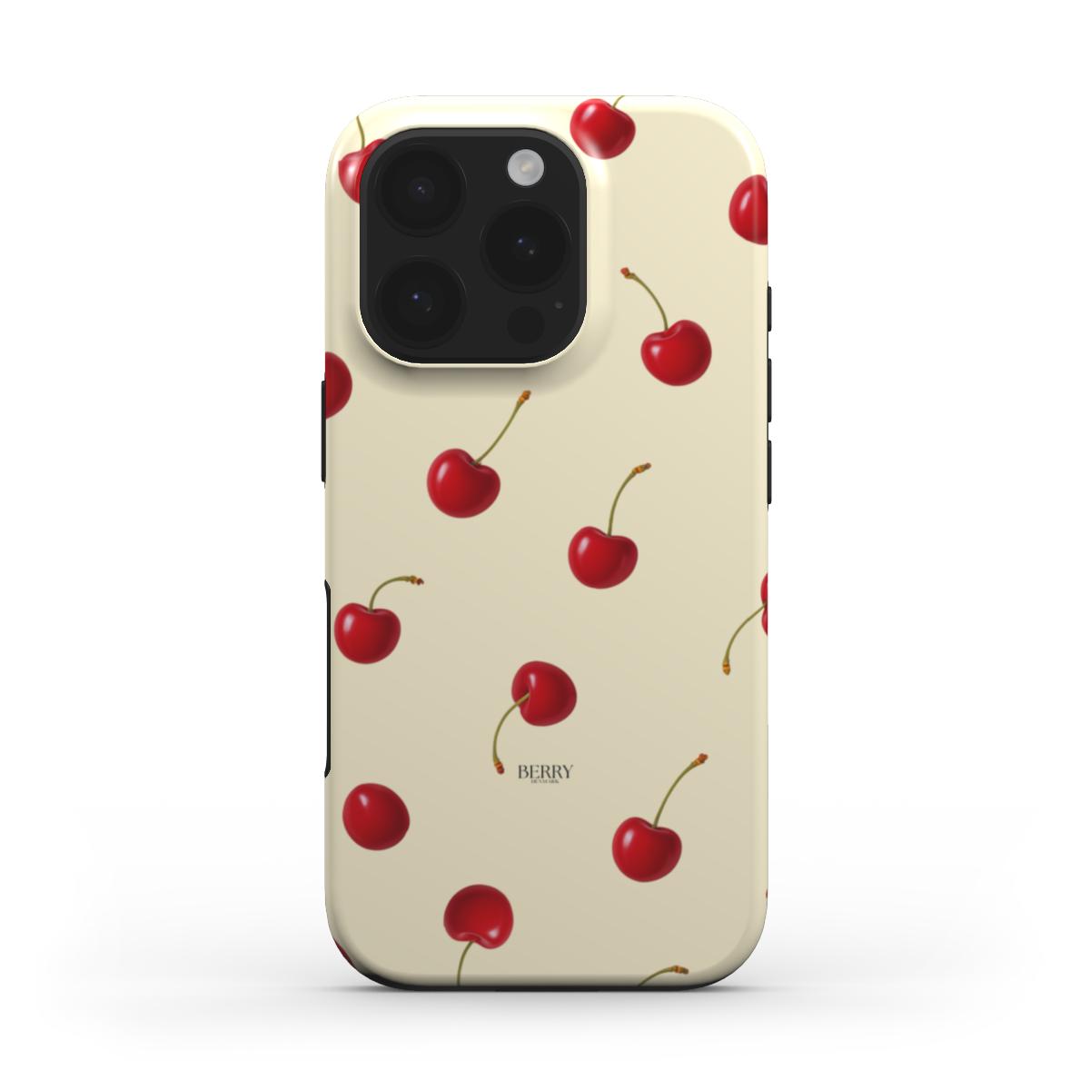 Trendy phone case with a feminine cherry pattern in red on a soft yellow background, blending girly charm with a popular, beautiful aesthetic.