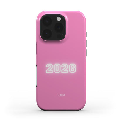 Trendy pink phone case with a feminine and aesthetic design featuring glowing 2026 numbers, perfect for a stylish and popular girly look.