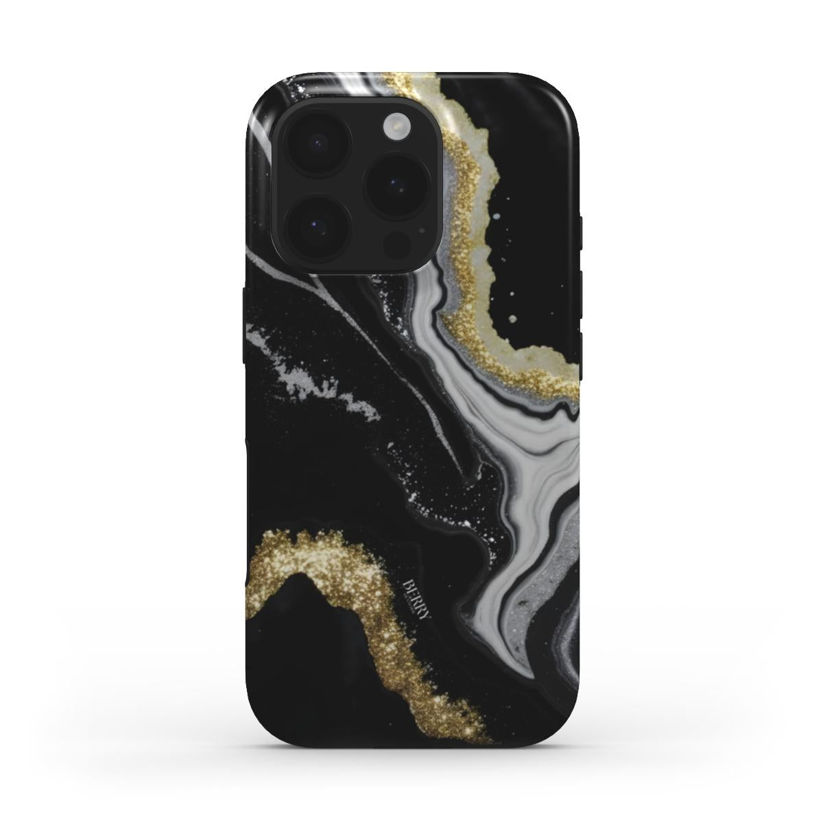 Trendy and feminine phone case with black, gold, and multicolored abstract pattern creating a stylish and beautiful aesthetic design.