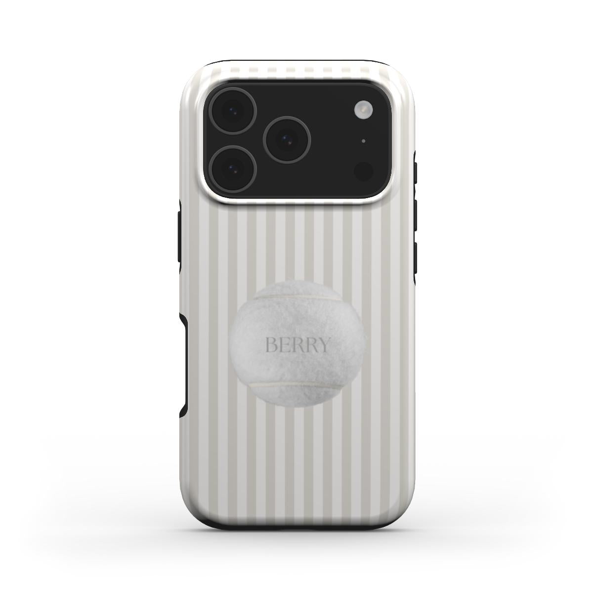 Trendy phone case with beige and white stripes featuring a stylish white tennis ball design for a chic and feminine look.