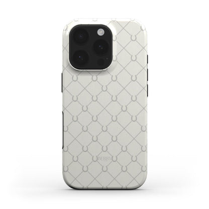 Trendy beige and white phone case with a stylish geometric pattern, offering a feminine and elegant look for that popular, aesthetic vibe.
