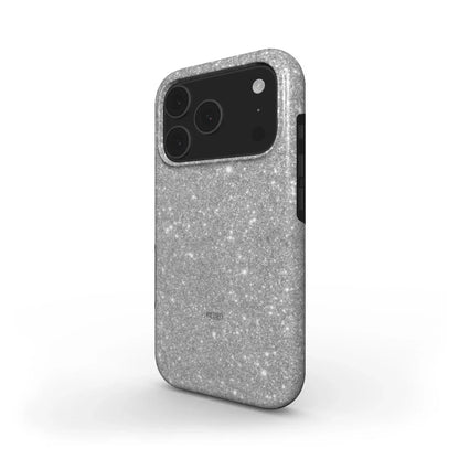 Trendy phone case in shimmering silver and gray with a feminine, sparkling finish, perfect for that stylish and beautiful girl aesthetic.