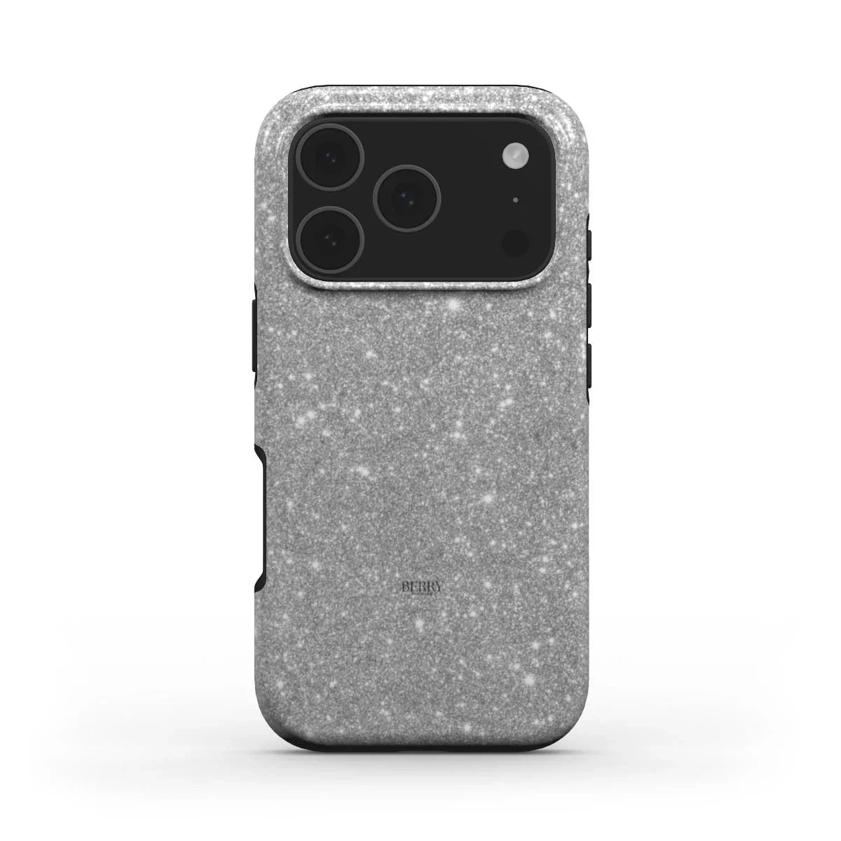Trendy feminine phone case in silver and gray with a sparkling aesthetic, perfect for a stylish and girly look.