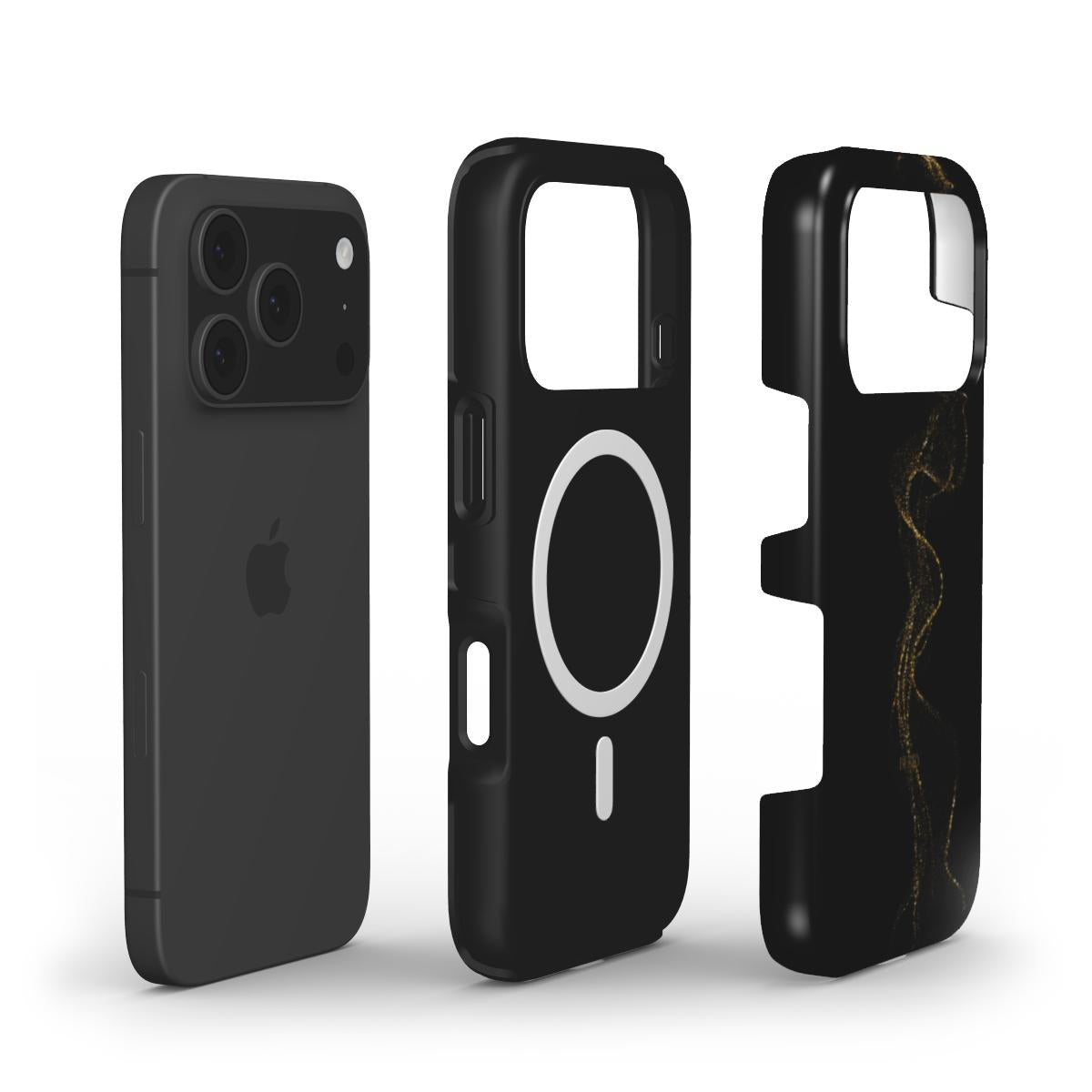 Three views of a trendy black phone case with gold drizzle accents, combining aesthetic elegance with modern feminine style.
