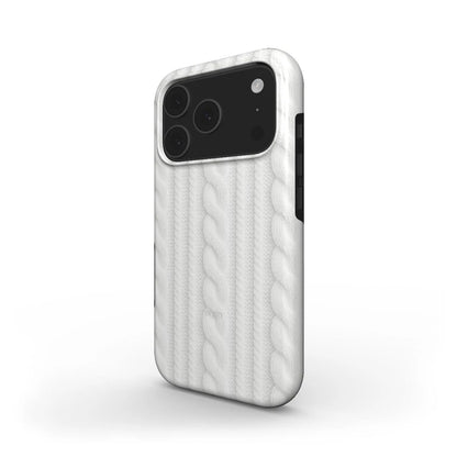 White phone case with a soft cable knit pattern, stylish and trendy design, adding a feminine and classy touch to any phone.
