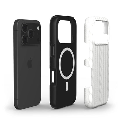 Black phone case with circular magnetic design and white textured soft case with cable knit pattern for stylish phone protection