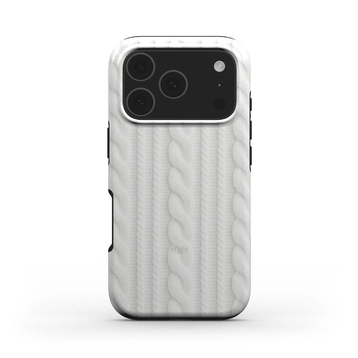 Soft white phone case with a stylish cable knit pattern, combining feminine elegance and trendy aesthetic for a classy and beautiful look.