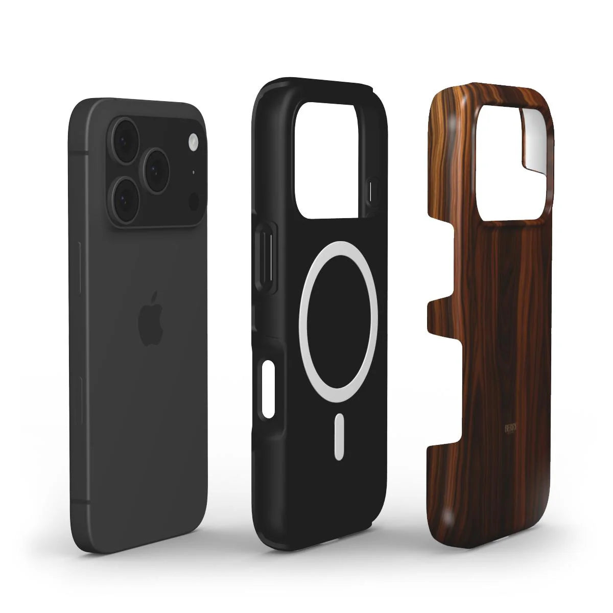 Sleek black smartphone with two stylish cases including a trendy matte black protective case and a feminine brun wood-patterned phone cover.
