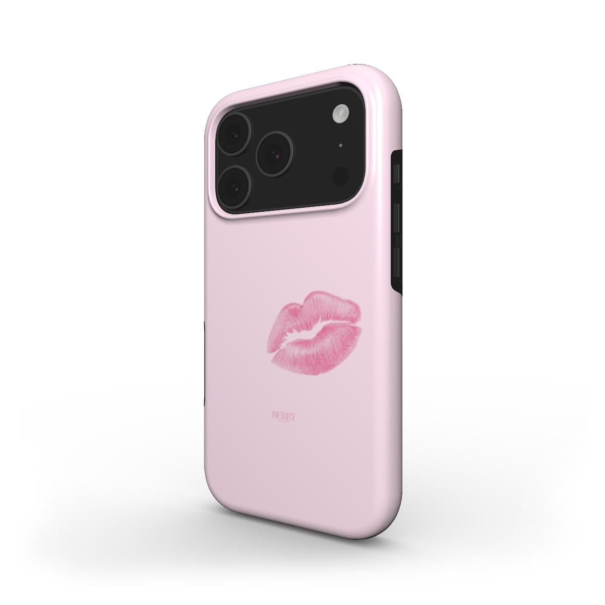 Trendy pink phone case with a feminine kiss print design, featuring a multicolored pattern for a beautiful and aesthetic girly look.