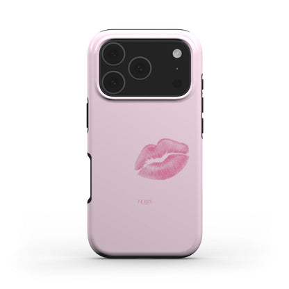 Trendy pink phone case with a feminine lip print design, combining a girly and beautiful aesthetic for a popular, stylish look.