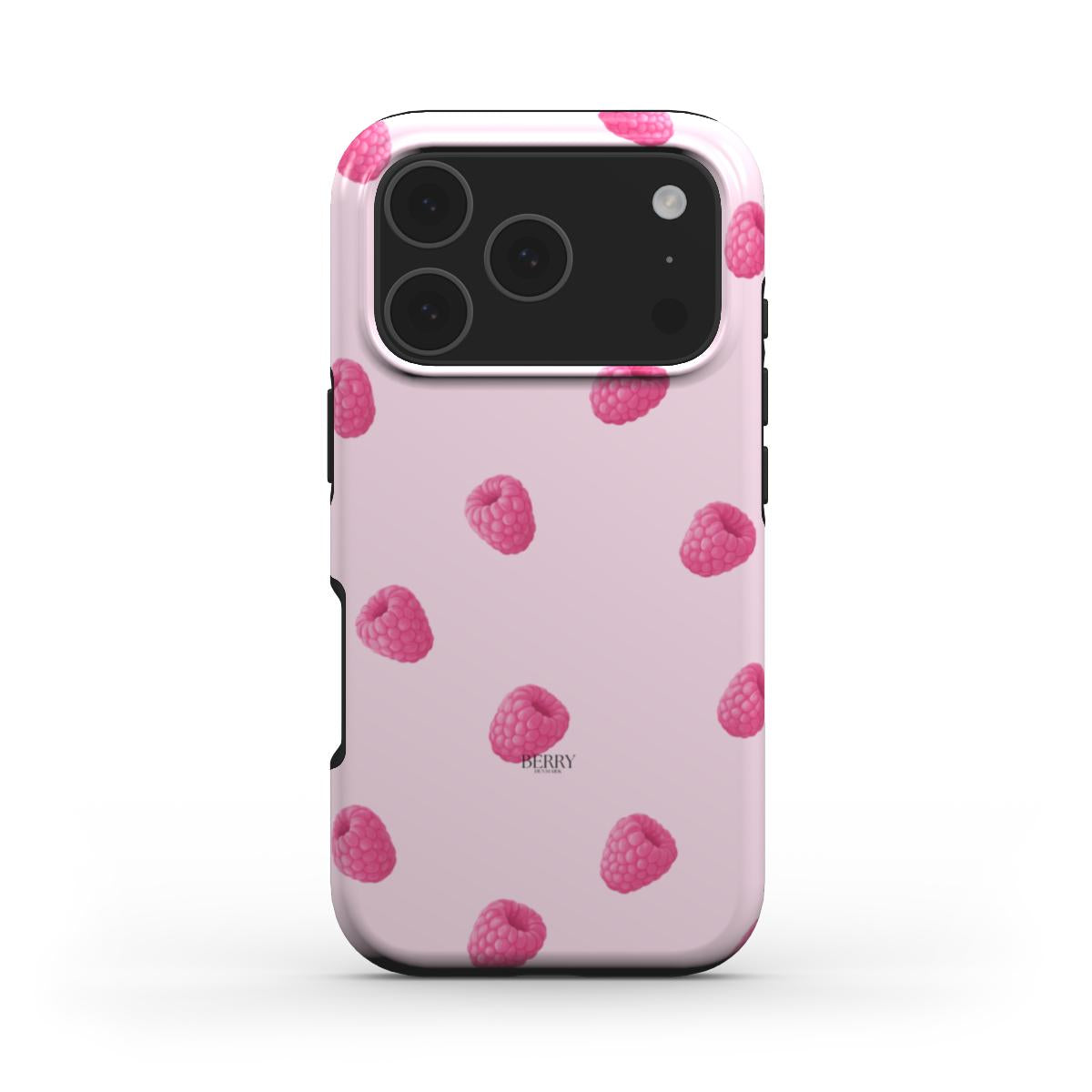 Trendy feminine phone case in pink with scattered red raspberry pattern, perfect for that girly and beautiful aesthetic look.