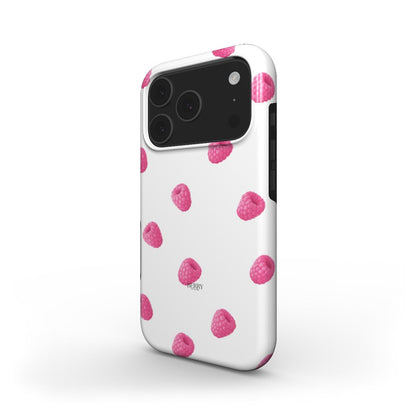 Trendy phone case with a feminine white background and pink raspberry pattern, combining girly charm and modern aesthetic appeal.