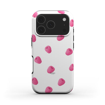 Trendy phone case with a feminine, girly design featuring scattered pink raspberry pattern on a white background for a fresh, aesthetic look.