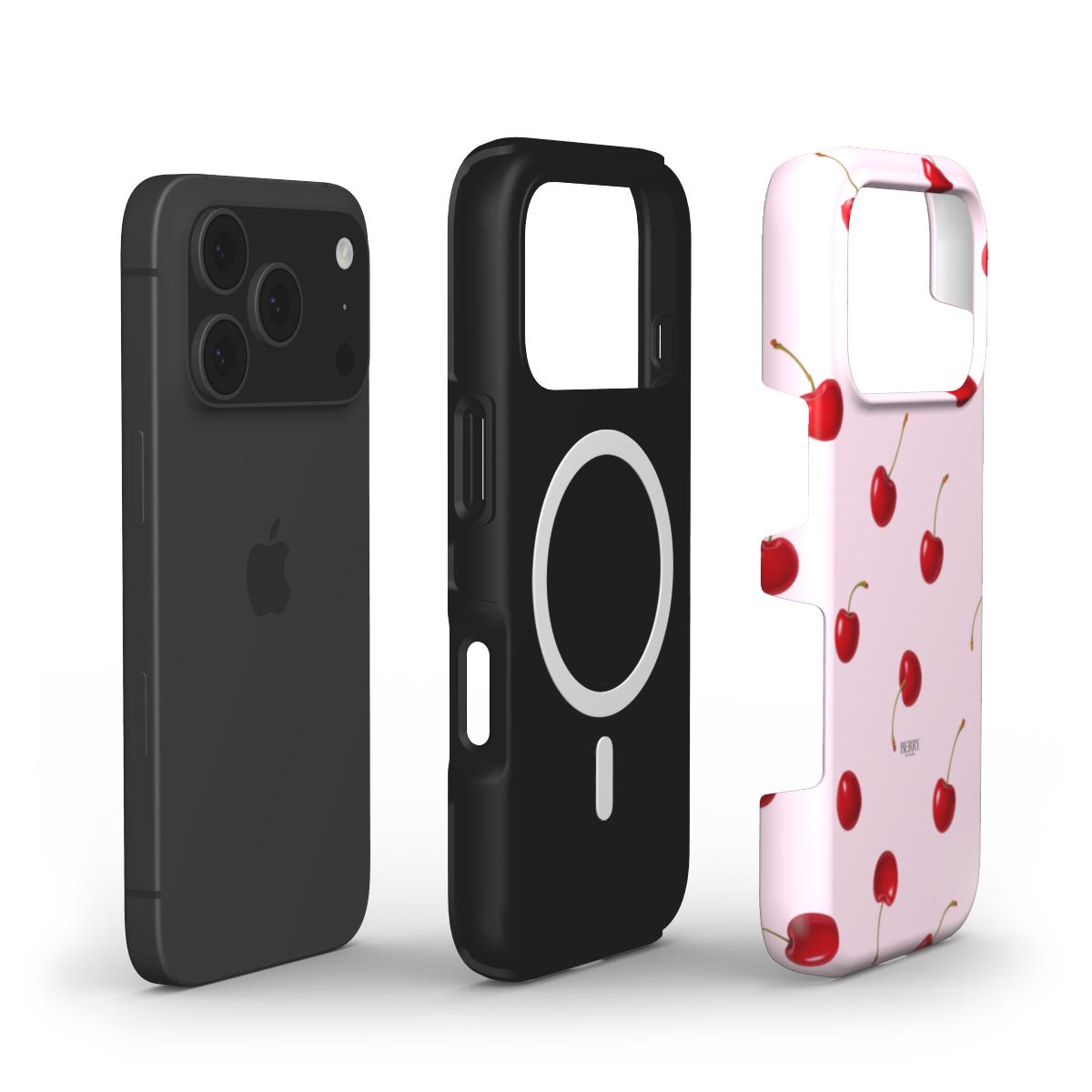 Trendy pink phone case with red cherry pattern, designed for a playful and feminine look, perfect for a stylish and aesthetic vibe.