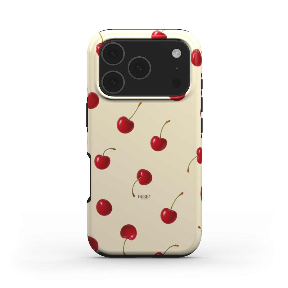 Trendy phone case with a girly, feminine cherry pattern in red and multicolored accents, offering a beautiful and aesthetic look for that girl vibe.